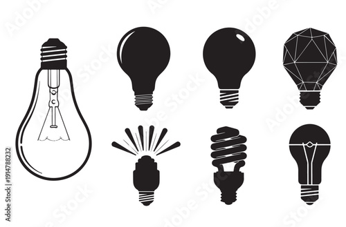 Assortment of eight light bulb icons in black silhouette and outline style representing ideas innovation creativity and energy saving for concept design projects