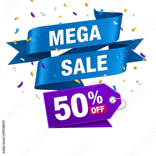 Blue ribbons and purple tag with 50 percent off text surrounded by colorful confetti on white background
