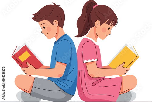Boy and girl sitting back to back reading books together.