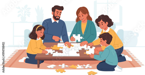 Family bonding over a jigsaw puzzle together at home.