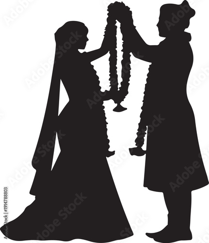 Silhouette of two people exchanging garlands during a traditional ceremony