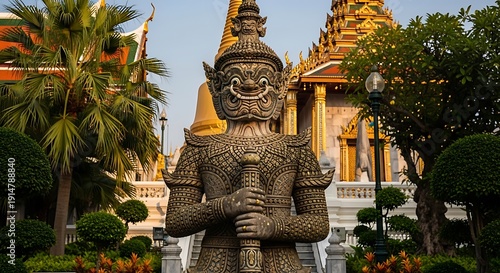 Ancient statue guarding ornate temple against a bright sky background