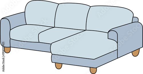 Light blue L-shaped sectional sofa illustration, modern cozy couch with wooden legs, furniture icon