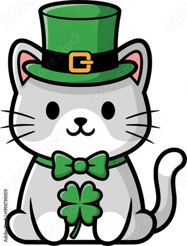 Kawaii cartoon cat in Saint Patrick's Day hat holding clover vector