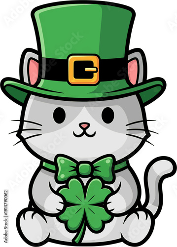 Kawaii cartoon cat in Saint Patrick's Day hat holding clover vector