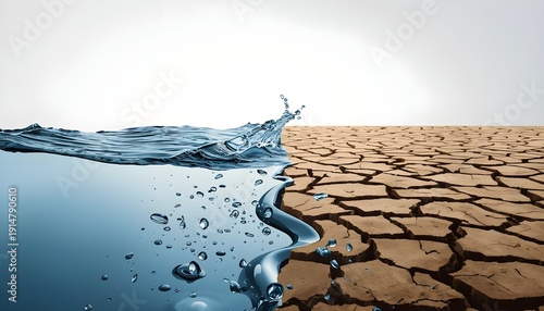 Clean water and dry cracked land showing contrast of water abundance and scarcity