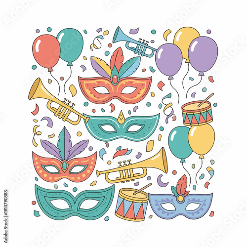 Colorful carnival and Mardi Gras themed illustration with masks, balloons, trumpets, drums, and confetti.