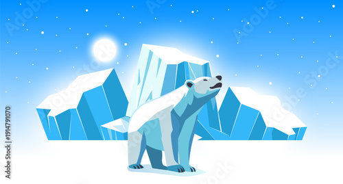 Vector flat illustration of wild polar bear standing. Icebergs snow cold white sun and aurora. North Pole Greenland Russian Arctic or Canadian archipelago, frosty tundra