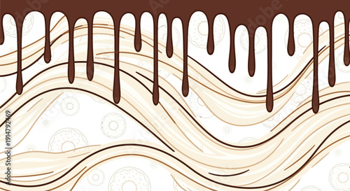 Chocolate sauce dripping on wavy lines background design.
