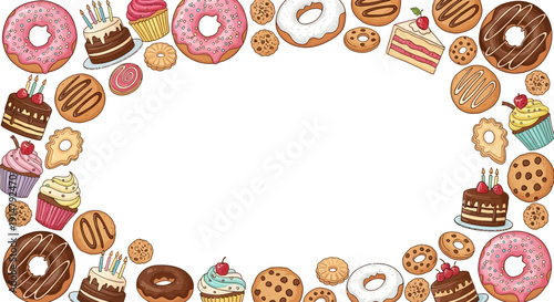 Colorful donuts and desserts forming a decorative frame.