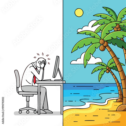Work Stress vs. Tropical Escape. Businessman at office desk suffering burnout, visualizing a sunny beach holiday with palm trees.
