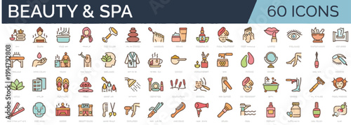 Collection of 60 beauty and spa icons featuring wellness symbols and products displayed on a clean white background
