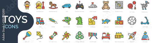 Collection of colorful toys and icons arranged neatly on a white background viewed from directly above