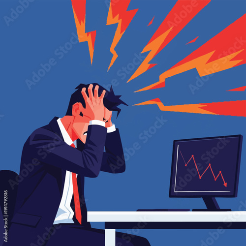 Financial Crisis and Business Stress: Businessman Suffering from Headache and Anxiety After Stock Market Crash or Corporate Loss. Flat Vector Illustration.