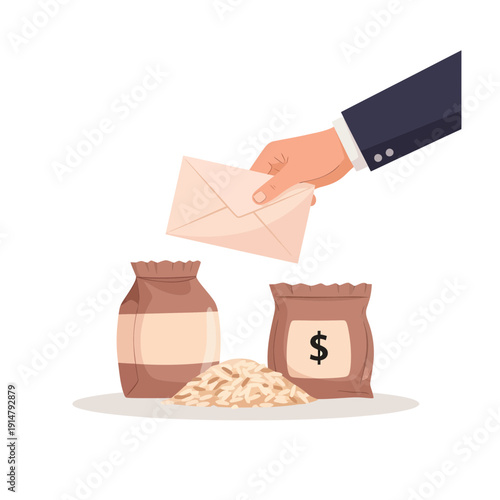 Muslim Hand Giving Zakat Donation with Money Envelope Rice Sacks and Grains Illustration