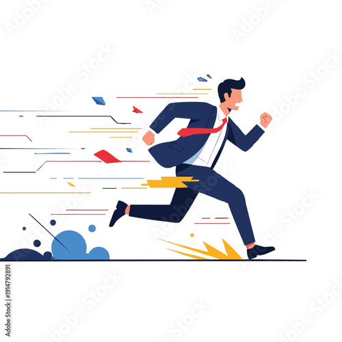 Hurrying Businessman Running Fast: Dynamic Vector Illustration of Speed, Competition, and Digital Urgency