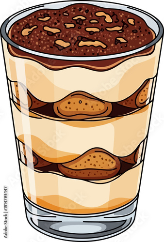 Tiramisù dessert in a glass cup with layers of ladyfingers and creamy mascarpone cheese.