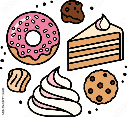Assorted sweet treats and desserts in cartoon style.
