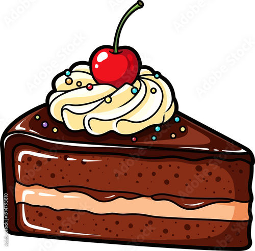 A delicious chocolate cake slice with whipped cream and cherry.