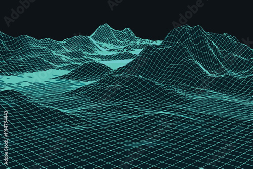 Abstract turquoise wireframe landscape depicts rolling hills and a serene valley high quality