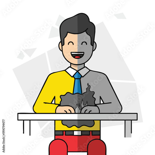 Smiling Businessman Hiding Burnout and Stress: Duality of Professional Facade and Mental Health Problem.