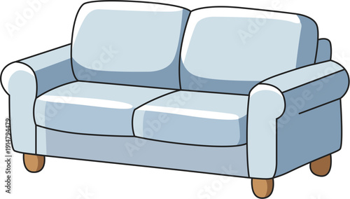 Modern Blue Two-Seater Loveseat Sofa Illustration, Comfortable Fabric Couch Vector for Home Interior