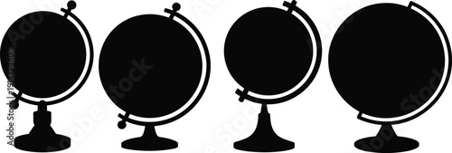 Silhouette collection of globe icons on stands with different base designs, educational world map symbols for learning, travel, geography, and global concept illustration