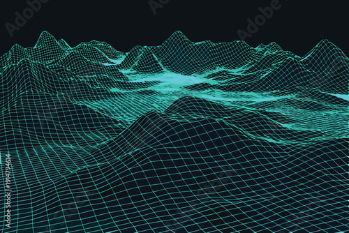 Abstract turquoise wireframe landscape depicts undulating peaks and valleys in darkness high quality