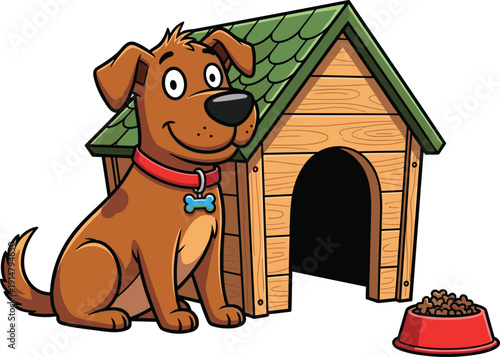 Cute cartoon brown dog sitting by wooden doghouse with red food bowl cad drawing flat vector illustration isolated on white background