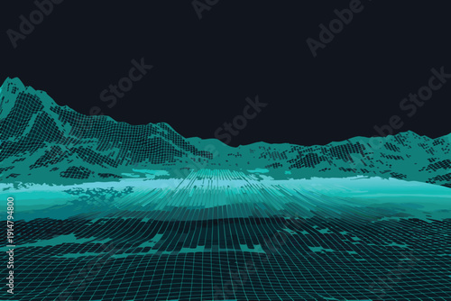 A striking teal and dark blue abstract landscape featuring a grid pattern