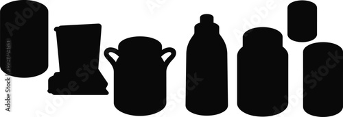 Silhouette set of kitchen containers and appliances including blender, cooking pot, bottle, jar, and cylindrical can, vector icons for household, cooking, and food storage illustration