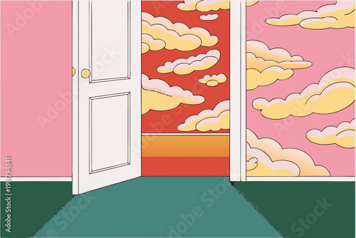 An open doorway reveals a room with cloud patterned wallpaper and flooring