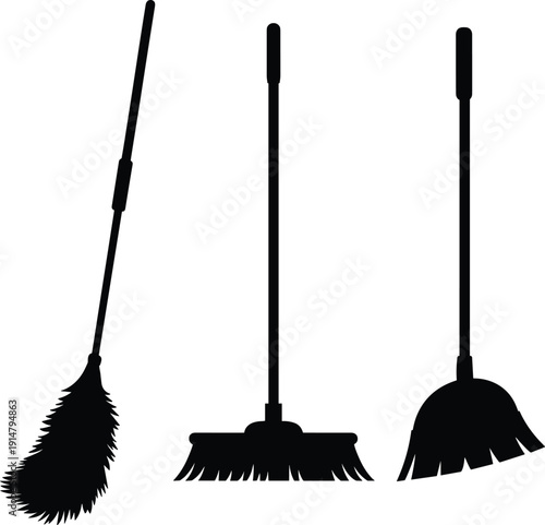 Silhouette set of household cleaning tools including feather duster, push broom, and mop with long handles, vector icons for cleaning, hygiene, and housekeeping illustration