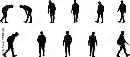 Walking man silhouette collection, male human motion poses, full body standing moving figures, urban people outline character illustration set**