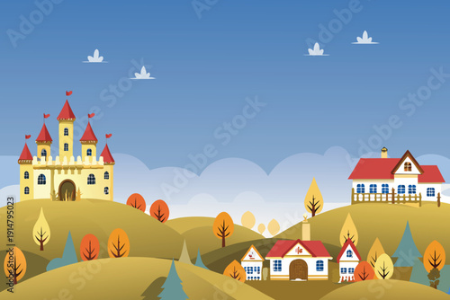 A picturesque landscape features a fairytale castle and cozy homes amidst autumn
