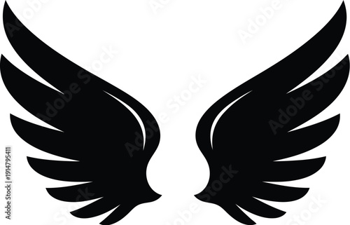 A pair of symmetrical black angel wings are spread open in a dynamic upward position against a white background.