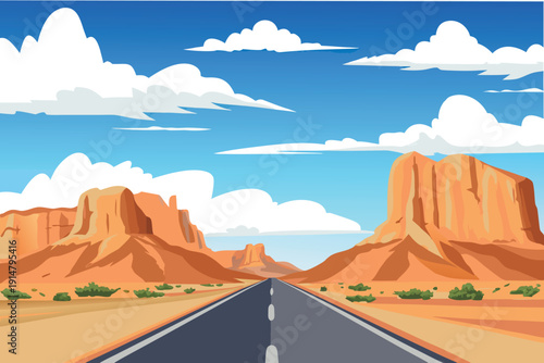 A desert highway stretches forward toward towering sandstone formations under a blue