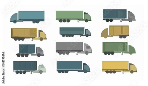 Minimal semi-trailer truck icon vector set for logistics and transport isolated on white background