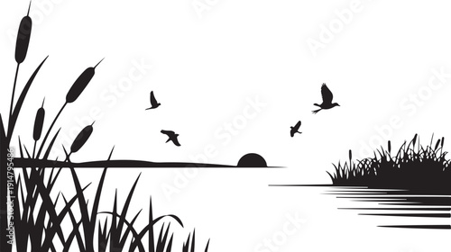 Black and white birds flying over water with reeds