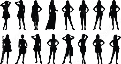 Women silhouette pose collection, stylish female standing full body figures, fashion model characters, elegant outline vector illustration set