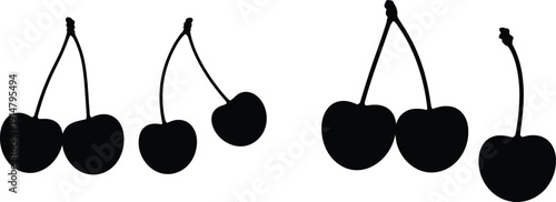 Silhouettes of cherries in pairs and single fruit, isolated on white background, fruit illustration for food design, nutrition, and educational concepts