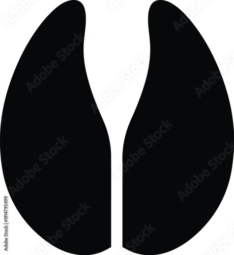 Black silhouette of a cloven hoof print graphic isolated on a white background for wildlife identification.