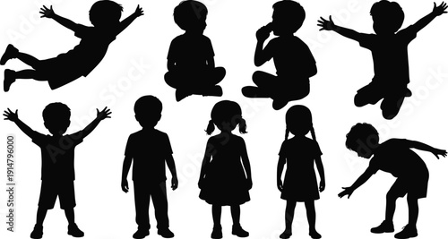 Kids silhouette collection, happy children jumping sitting playing poses, boy girl full body figures, childhood activity character outline illustration set