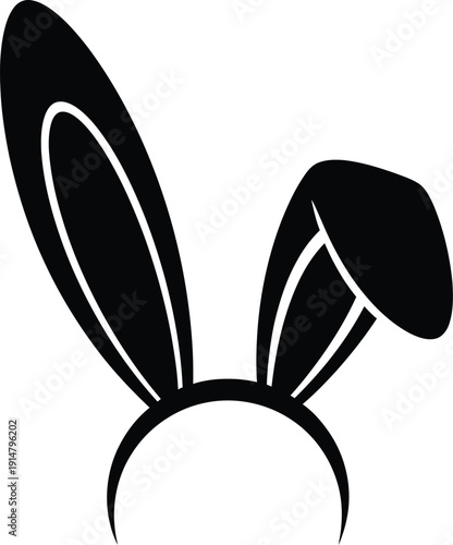 Simple black silhouette graphic of tall upright and slightly bent bunny ears attached to a narrow headband representing a fun costume accessory for celebrations.