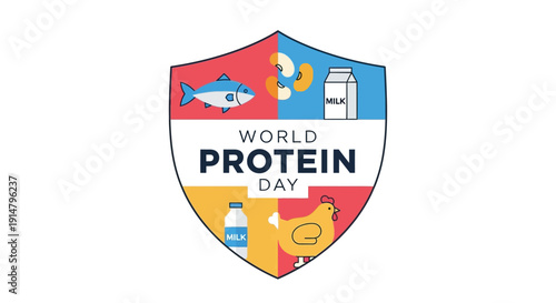 Vector illustration of a shield celebrating World Protein Day with various protein-rich foods and a bold design on a colorful background.