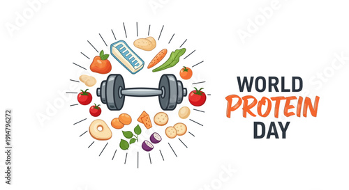 Illustration of World Protein Day with a dumbbell surrounded by various protein rich foods on a clean background.