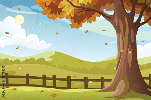 A vibrant autumn scene depicts a tree with falling leaves and a