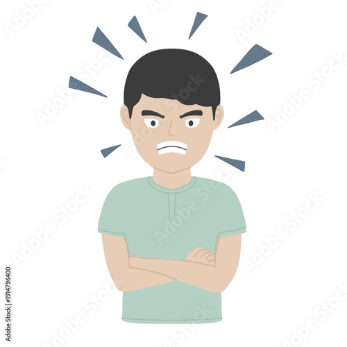 Angry man character with crossed arms and frustrated facial expression. Cartoon illustration of a grumpy man expressing anger and annoyance