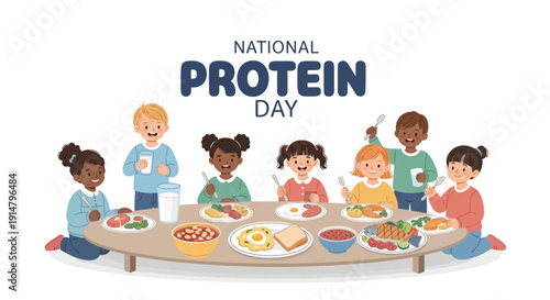Illustration of diverse children sitting around a table with various protein rich foods on National Protein Day in the USA, promoting balanced diet and nutritional awareness with a colorful