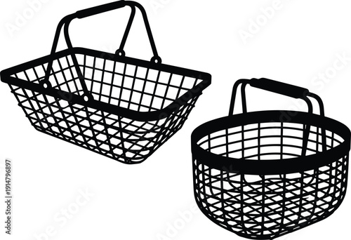 Silhouettes of two shopping baskets, rectangular and oval wireframe designs with double handles, isolated on white background, retail illustration for consumer goods and store use